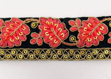 Black Trim with Floral Embroidery Salmon Pink Embroidered Leaves Trim, Decorative Trim, Indian Border
